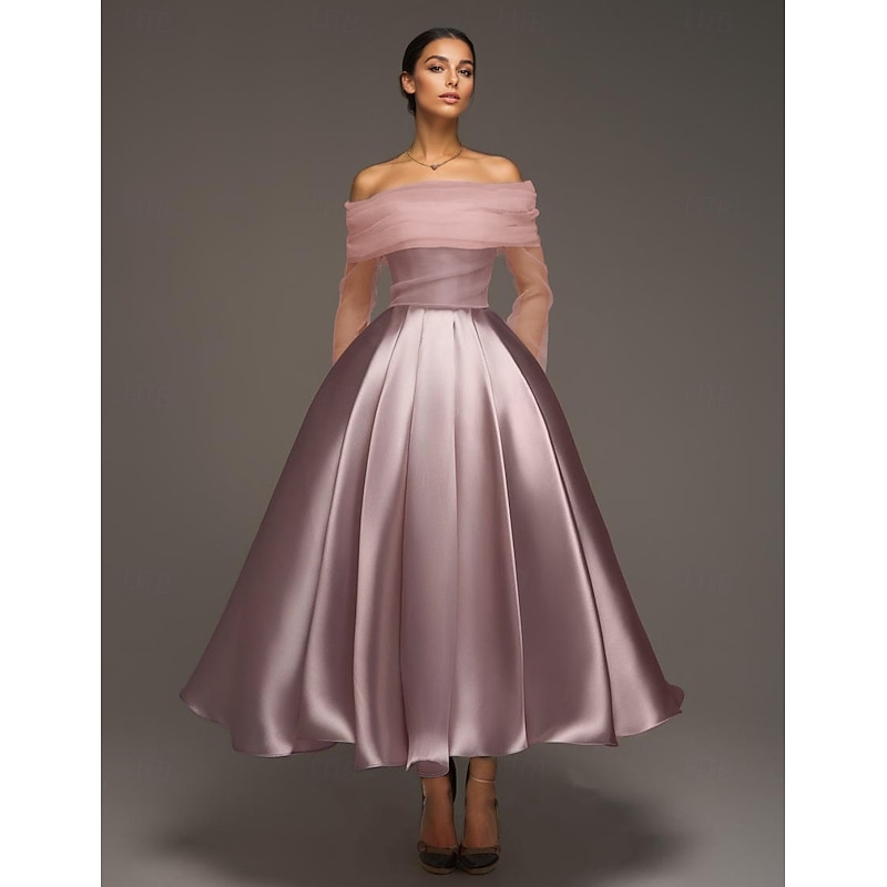 Ball Gown Satin A-Line Cocktail Elegant Dresses with bustle Formal Wedding Ankle Length Long Sleeve Off Shoulder Detachable with Shawl4
