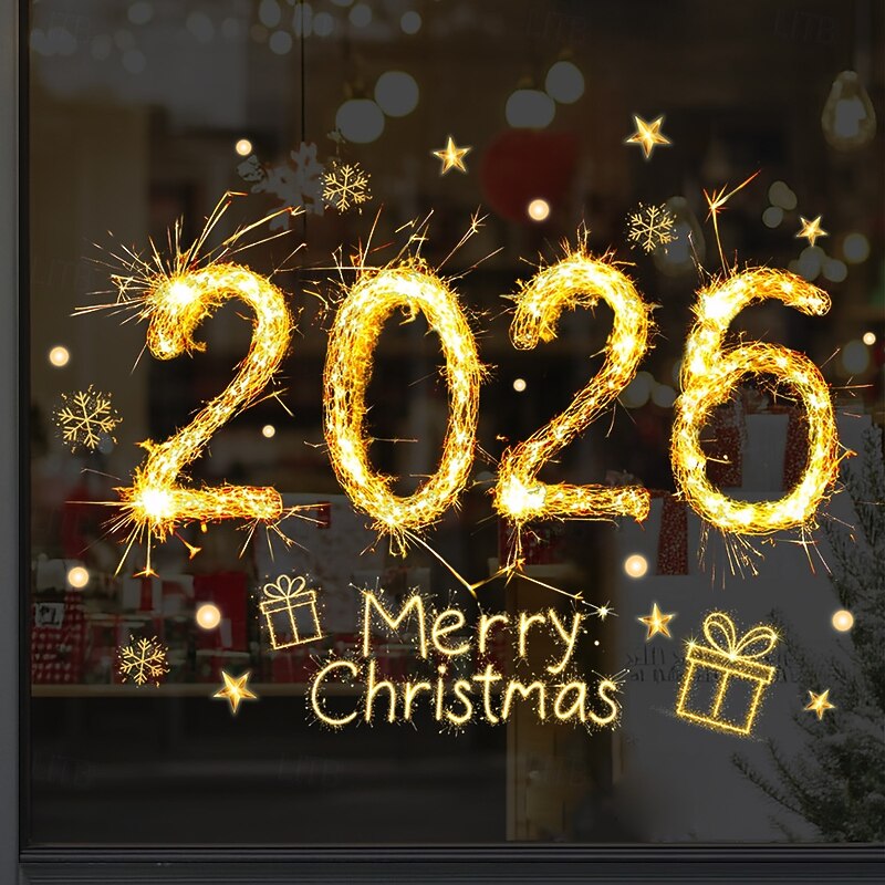 Christmas Window Clings Xmas Wall Sticker 2026 Holiday Decorations Gold Fireworks Effect Reusable Static Clings Non Adhesive Window Stickers Shop Glass Home Seasonal Party Decor3