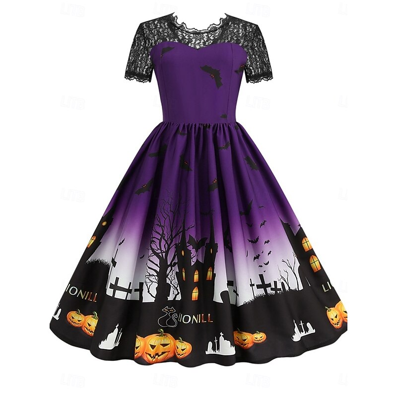 Halloween Women's Castle Print Midi Dress A Line Dress Fit And Flare Dress Casual Daily Holiday Regular Fit Pumpkin Spider web Short Sleeve Crew Neck Black Red Blue Purple Summer Spring Fall4