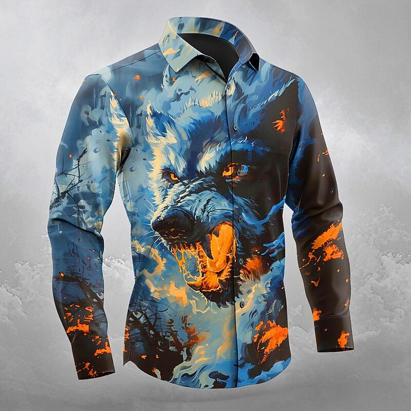 Halloween Men's Animal Wolf Halloween Costumes Shirt Button Up Shirt Long Sleeve Dark Gothic Style Outdoor Holiday Spring Fall Turndown 3D Print Collared Shirts Orange yellow Blue Orange Dark Blue2
