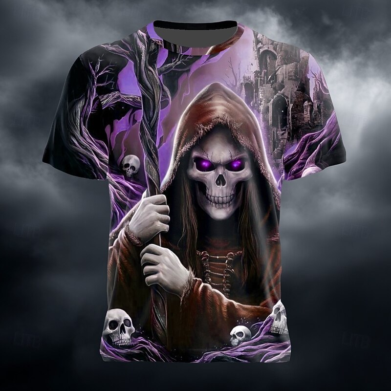 Halloween Men's Grim Reaper 3D Reaper T Shirt Short Sleeve T shirt 3D Print Crew Neck Shirt Exaggerated Designer Horror Party Street Holiday Purple Green Summer Spring Clothing Apparel S M L XL XXL2