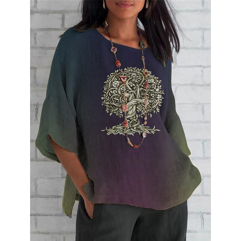 Women's Shirt Tree Color Gradient Daily Casual 3/4 Length Sleeve Crew Neck Regular Tops Daily Holiday Print White Purple Green Khaki Summer Spring Fall
