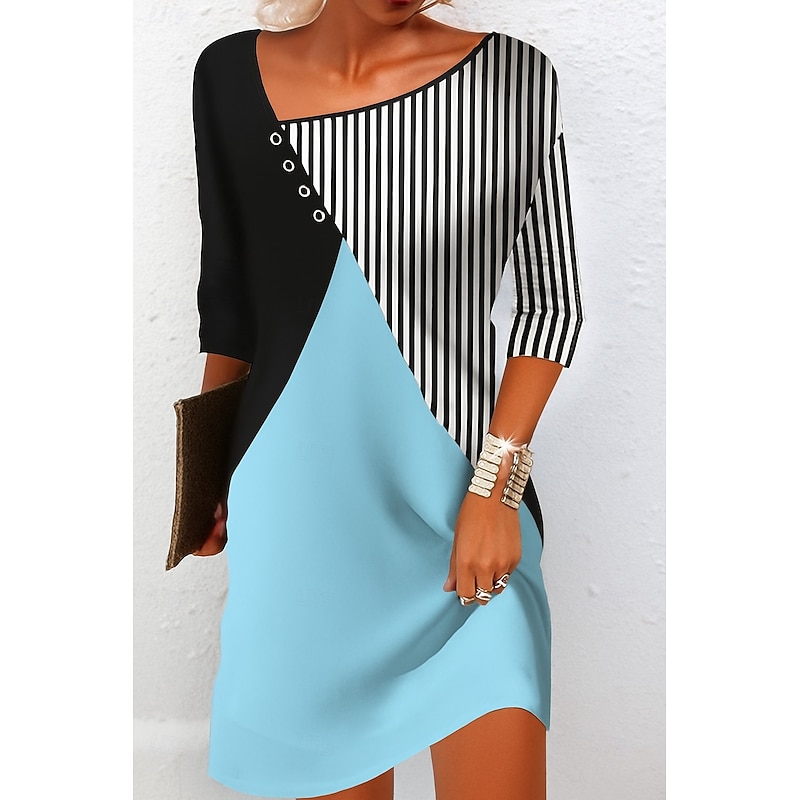 Women's Mini Dress Sheath Dress Shift Dress Casual Boho Daily Date Regular Fit Graphic Striped Long Sleeve Notched Neck White Blue3
