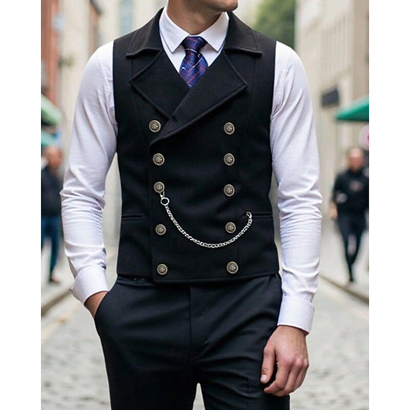 Men's Vest Waistcoat Gilet Vacation Party Business Fashion Casual Spring Fall Buttons Polyester Comfortable Plain Double Breasted Lapel Regular Fit Black Navy Blue Coffee Vest4