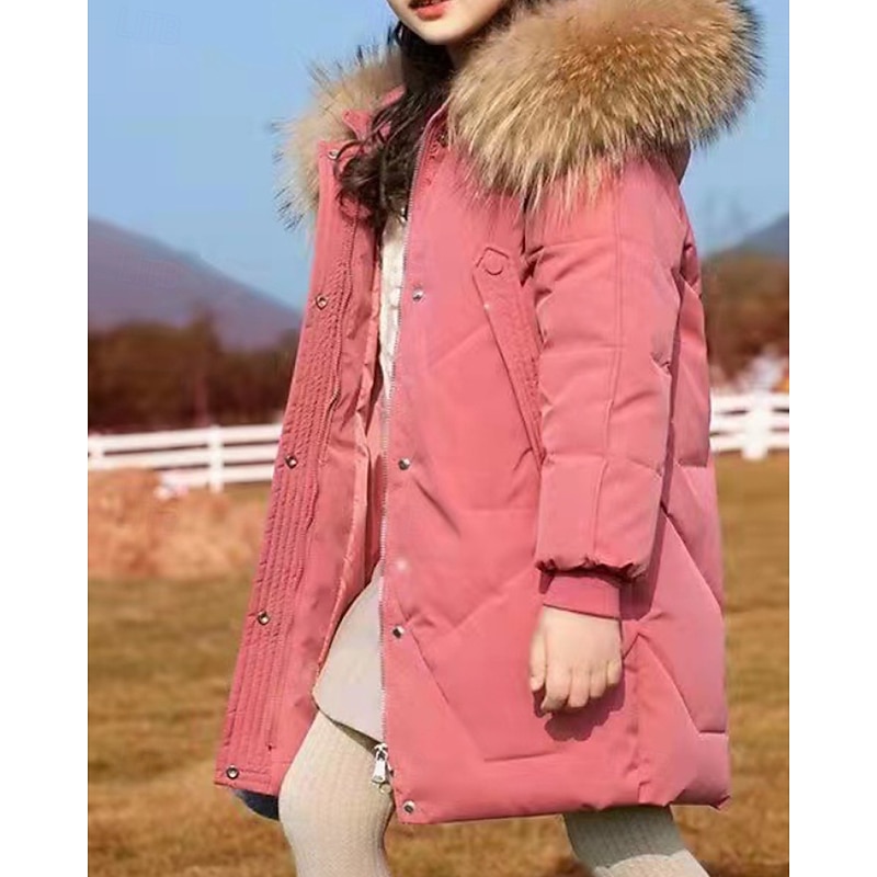 Kids Girls' Down Coat Solid Color Fashion Fur Trim Zipper Pocket School Coat Outerwear 4-12 Years Winter Black Pink Red3