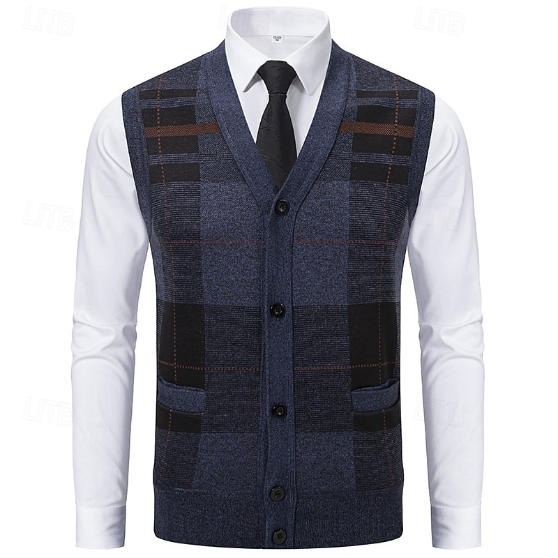 Men's Sweater Sweater Vest Dress Sweater Cardigan Sweater Knit Sweater Ribbed Knit Regular Tops Knitted Ribbed Plaid V Neck Fashion Shawls Business Casual Clothing Apparel Fall Winter Navy Blue Light3