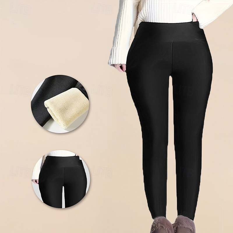 Women's Sherpa Pants Winter Warm Thick Leggings High Waist Gym Athletic Pilates Bottoms Solid Color Black Winter Sports Activewear