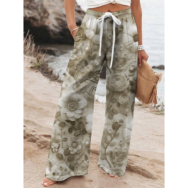 Women's Wide Leg Pants Trousers Vacation Casual Long High Waist Floral Feather Elastic Waist Printing High Cut Breathability Soft Micro-elastic Vacation Street Daily Wear White Green Spring Fall