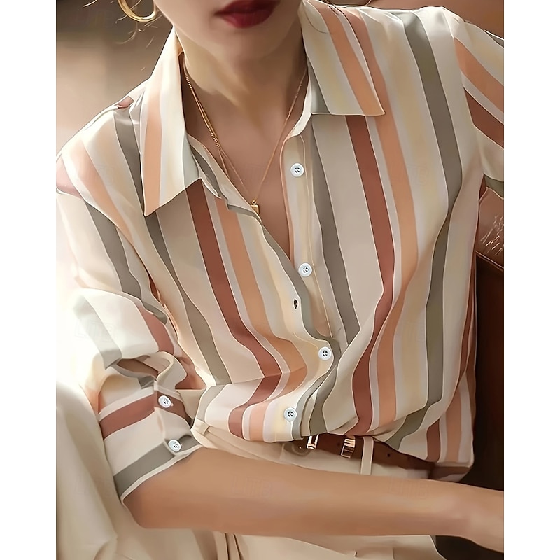 Women's Shirt Blouse Striped Modern Casual Long Sleeve Shirt Collar Regular Tops Daily Holiday Going out Print Purple Brown Fall2
