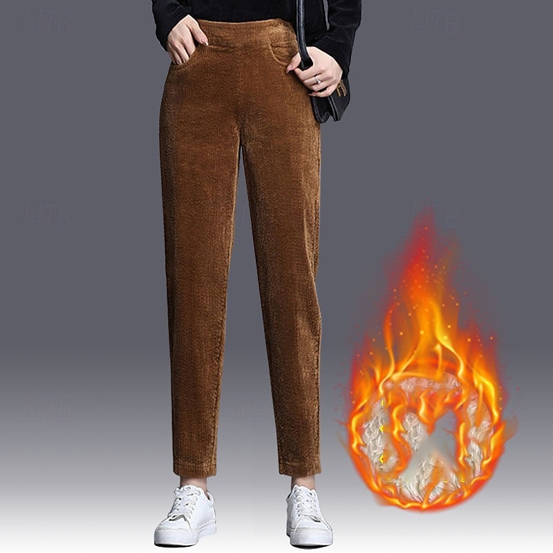 Women's Fleece Pants Corduroy Pants Slacks Streetwear Casual Full Length Natural Plain Pocket Elastic Waist Comfortable Outdoor Vacation Daily Wear Grey Black Coffee Winter Regular Fit2