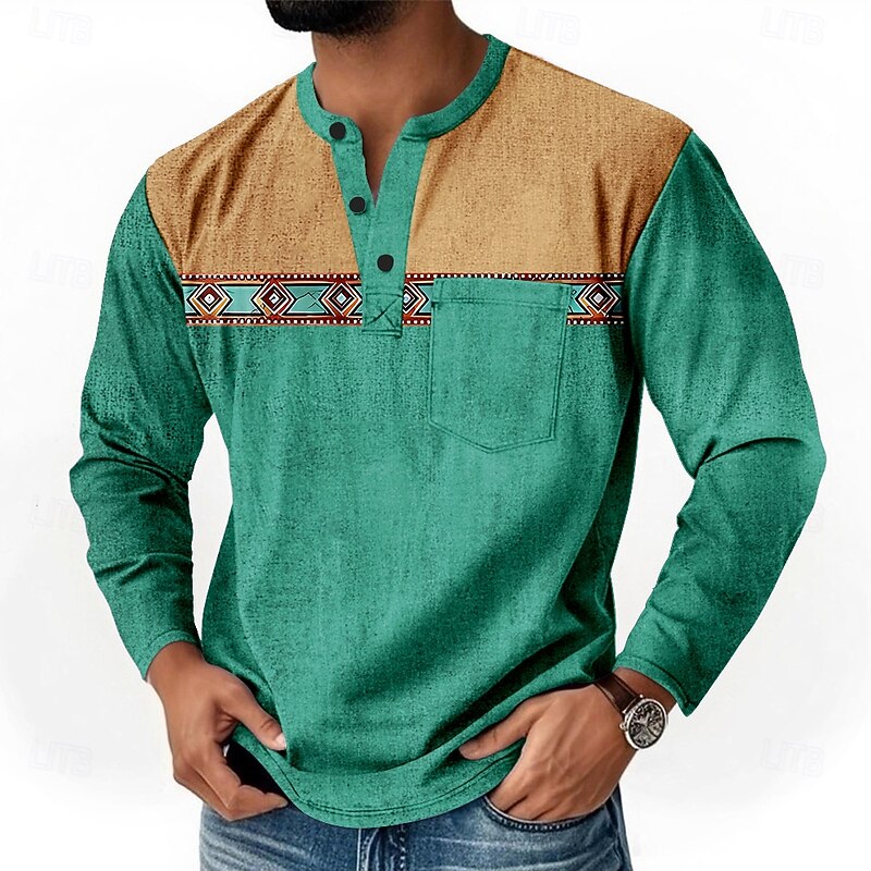 Men's Graphic Ethnic Henley Shirt T shirt Tee Long Sleeve Retro Vintage Bohemian Casual Casual Spring Fall Dark Brown Blue Green Henley Henley T-Shirt