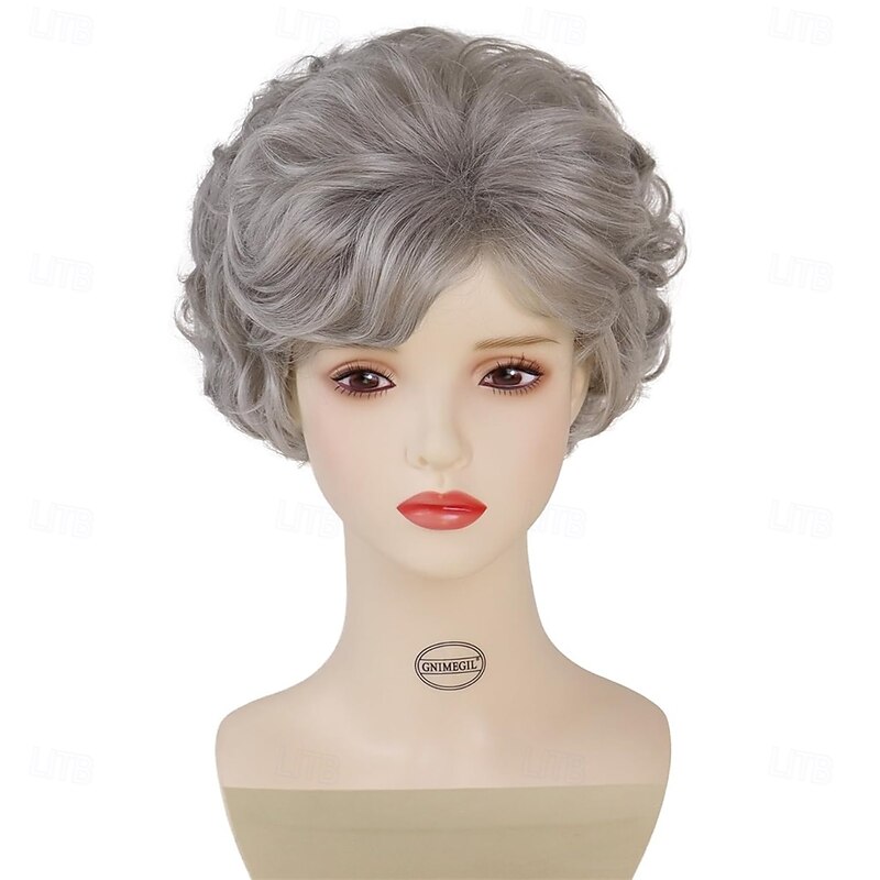 Synthetic Short Grey Curly Wigs for Senior Women Silver Grey Hair Layered Pixie Cut Hair Wig with Bangs Fluffy Wavy Wigs Old Lady Daily Granny Halloween Costume Party2