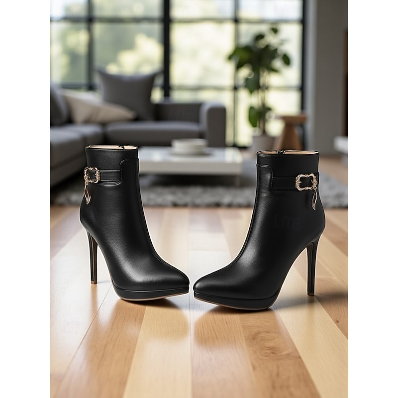 Women's High Heel Ankle Boots with Decorative Buckle - Elegant Pointed Toe Stiletto Booties for Business Casual Office Wear and Urban Fashion4