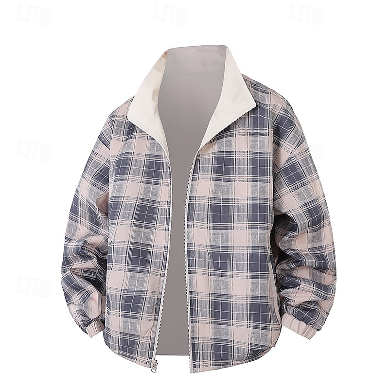 Men's Reversible Jacket Outdoor Vacation Warm Zipper Pocket Fall Winter Plain Fashion Streetwear Standing Collar Regular Apricot Black Red Light Blue Jacket2