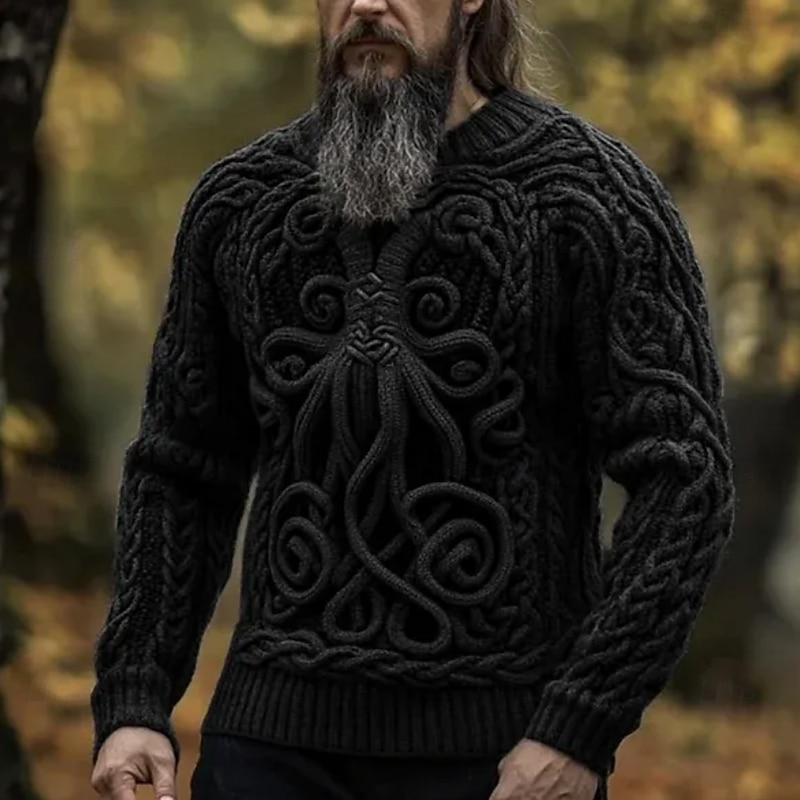 Men's Viking Pullover Sweater Jumper Knitwear Crewneck Retro Vintage Casual Vacation Street Daily 3D Print Knitting Keep Warm Long Sleeve Spring Fall Winter Black Blue Brown4