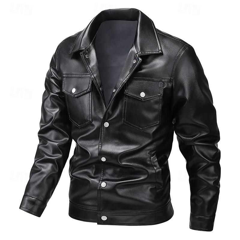 Men's Faux Leather Jacket Motorcycle Jacket Outdoor Casual Windbreaker Minimalist Fall Solid Color Punk Active Regular Black Khaki Jacket