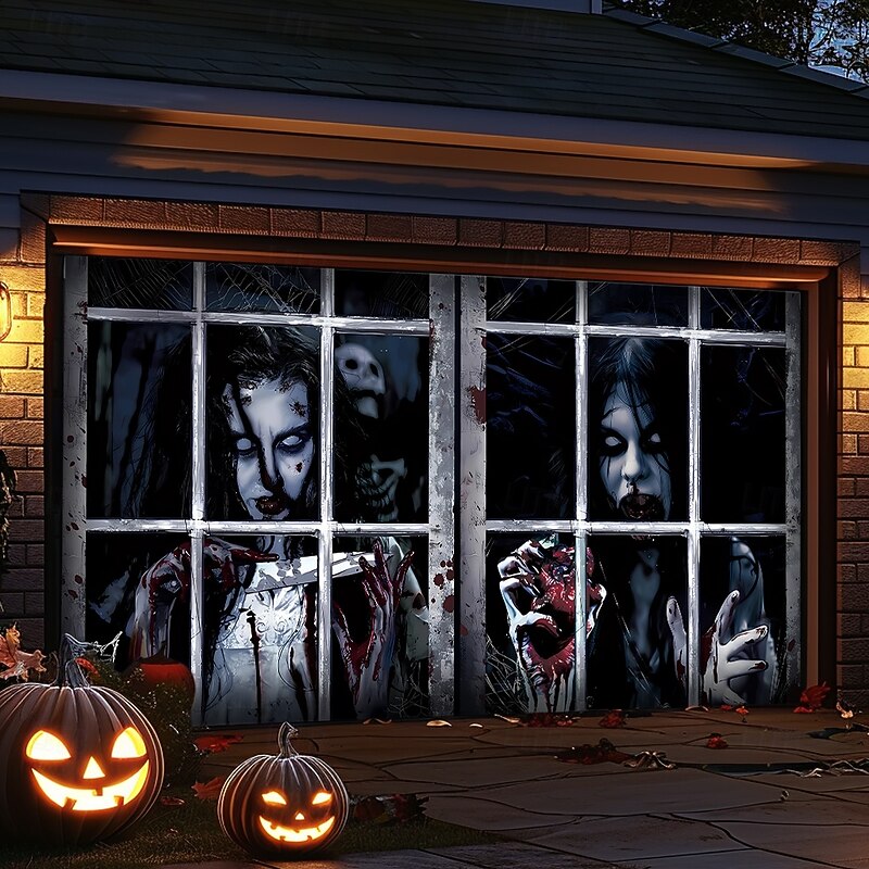 Halloween Garage Door Cover Large Hanging Backdrop Ghost Zombie Containment Unit 3D Dark Punk Gothic Style Party Outdoor Shooting Backgrounds Yard Haunted House Home Decor3