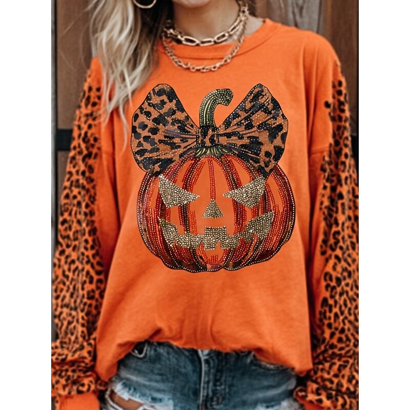 Halloween Women's T Shirt Pumpkin Graphic Letter Vintage Fashion Stylish Long Sleeve Crew Neck Round Neck Regular Tops Daily Weekend Print Orange Fall Winter I Am Cold Always2