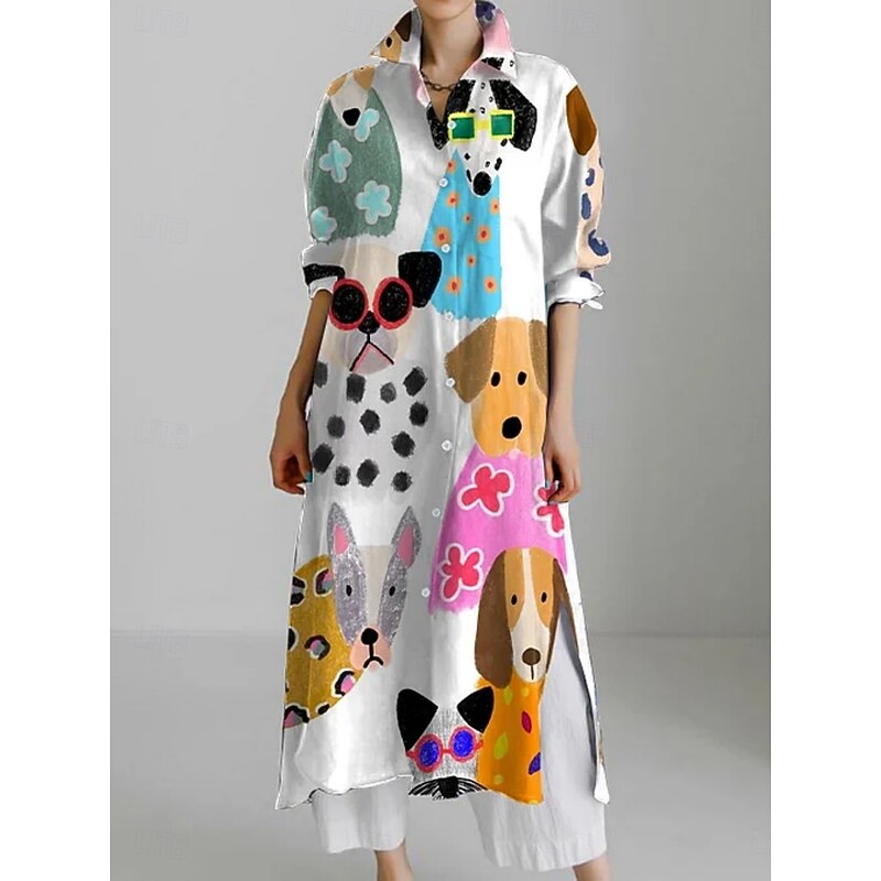 Women's Long Dress Maxi Dress Shirt Dress Casual Dress Fashion Modern Daily Holiday Weekend Regular Fit Graphic Animal 3/4 Length Sleeve Shirt Collar White Yellow Green Khaki Summer Spring Fall2