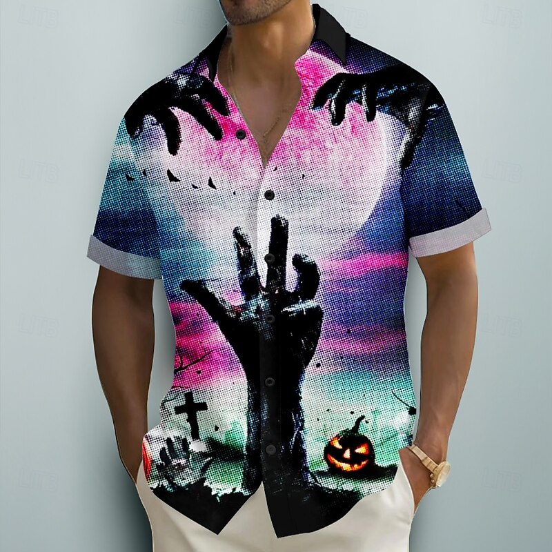 Halloween Men's Pumpkin Hand Halloween Costumes Shirt Summer Shirt Button Up Shirt Short Sleeve Dark Punk Gothic Style Holiday Streetwear Summer Turndown 3D Print Linen Like Shirt Blue