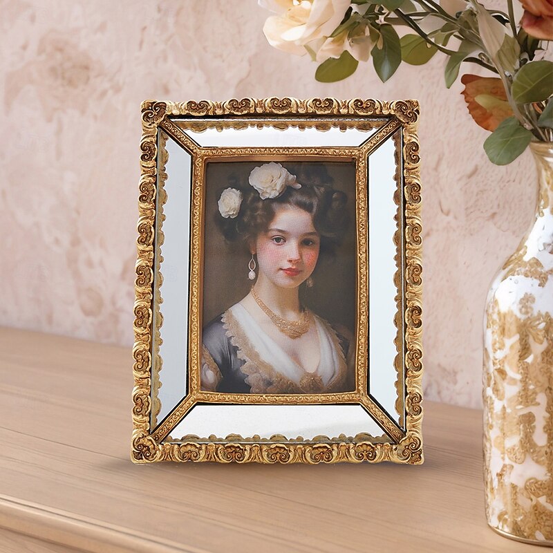 Gold Fern Leaf Pattern Decorative Photo Frame with Mirror Inlay – Home Décor Picture Frame, Horizontal & Vertical Use for Bedroom, Study, Desk, and Photography Prop