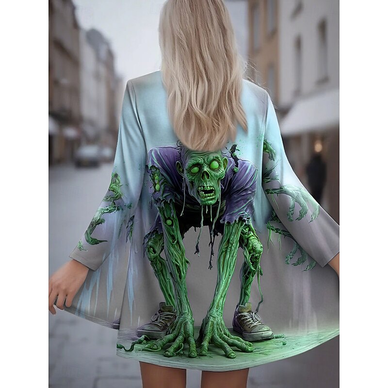 Halloween Women's Winter Coat Trench Coat Lightweight Comfortable Skulls Print Open Front Vintage Casual Skull Vacation Collarless Loose Fit Long Sleeve Outerwear Yellow Blue Purple Spring Fall4