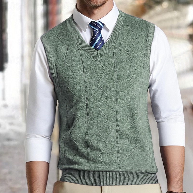 Men's Sweater Vest Dress Sweater Pullover Sweater Jumper Vest Knit Sweater Ribbed Knit Regular Tops Knitted V Neck Daily Wear Date Clothing Apparel Fall Winter Green Light Grey S M L4