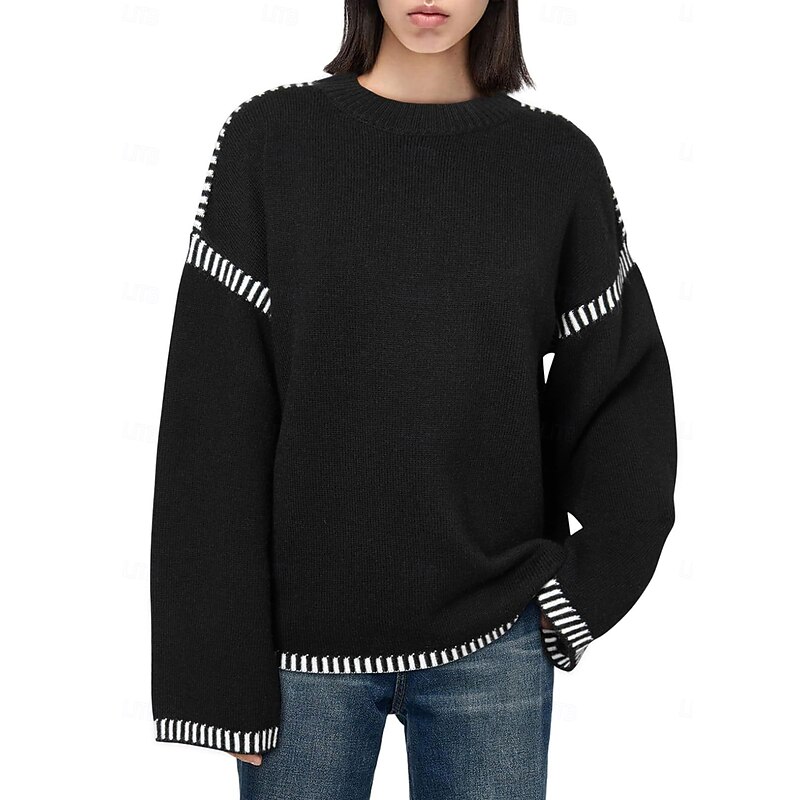 Women's Sweater Casual Soft Striped Ribbed Crew Neck Knitted Long Sleeve Regular Tops Knit Outdoor Daily Weekend Black White Fall Winter4