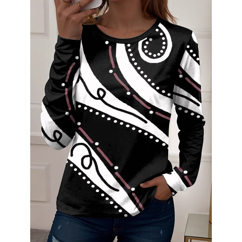 Women's T Shirt Graphic Geometric Vintage Stylish Casual Long Sleeve Crew Neck Regular Tops Daily Print White Yellow Blue Purple Green Spring Fall Winter