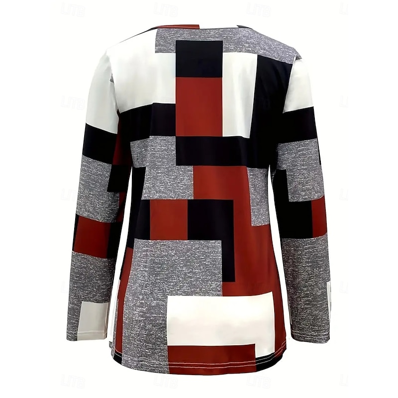 Women's T Shirt Graphic Geometric Vintage Fashion Stylish Long Sleeve Crew Neck Regular Tops Daily Zipper Print Red Blue Purple Green Gray Spring Fall Winter2