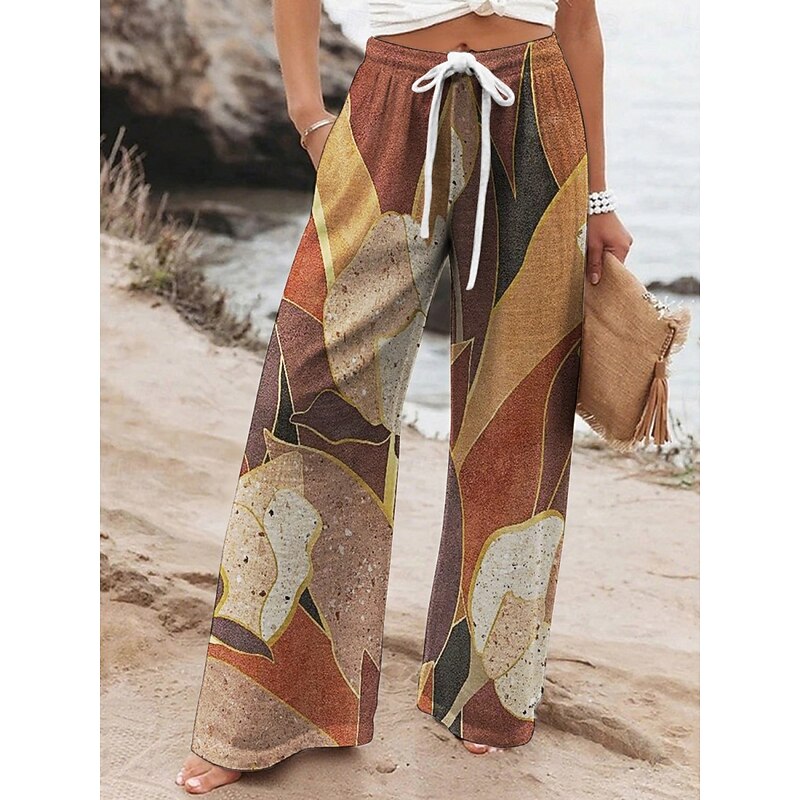 Women's Wide Leg Pants Trousers Vacation Casual Long High Waist Color Block Elastic Waist Printing High Cut Breathability Soft Micro-elastic Vacation Street Daily Wear Khaki Spring Fall Regular Fit