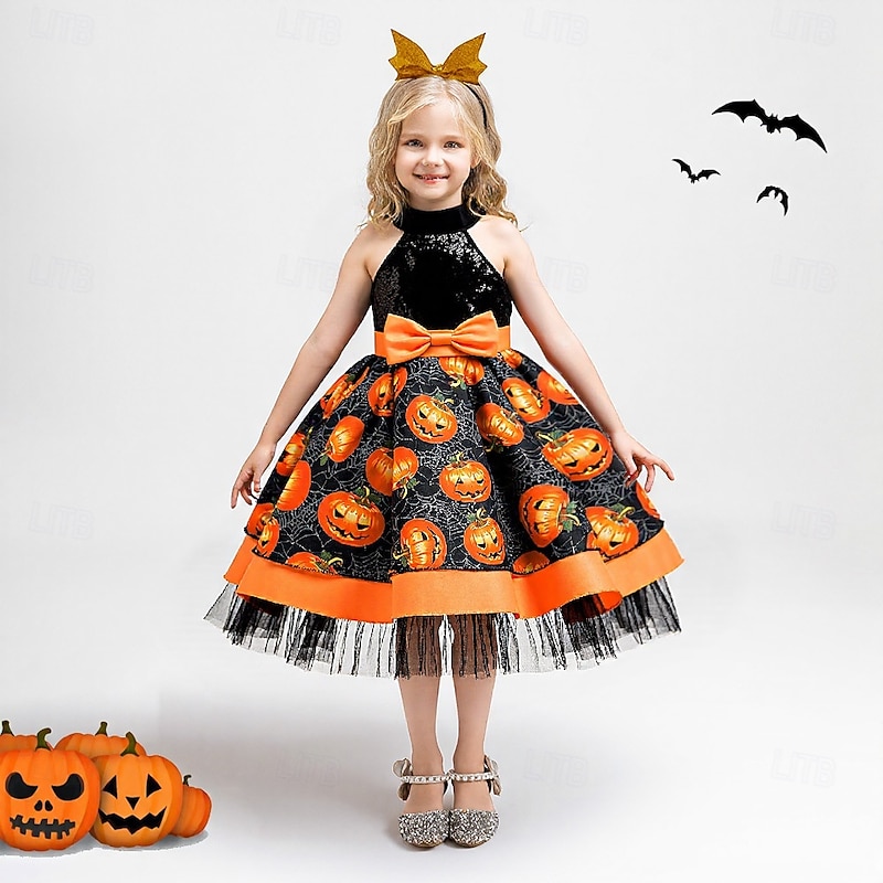 Kids Girls' Party Dress Graphic Sleeveless Special Occasion Halloween Party Halloween Custome Sweet Polyester Summer Spring Fall kids Orange - Main Image