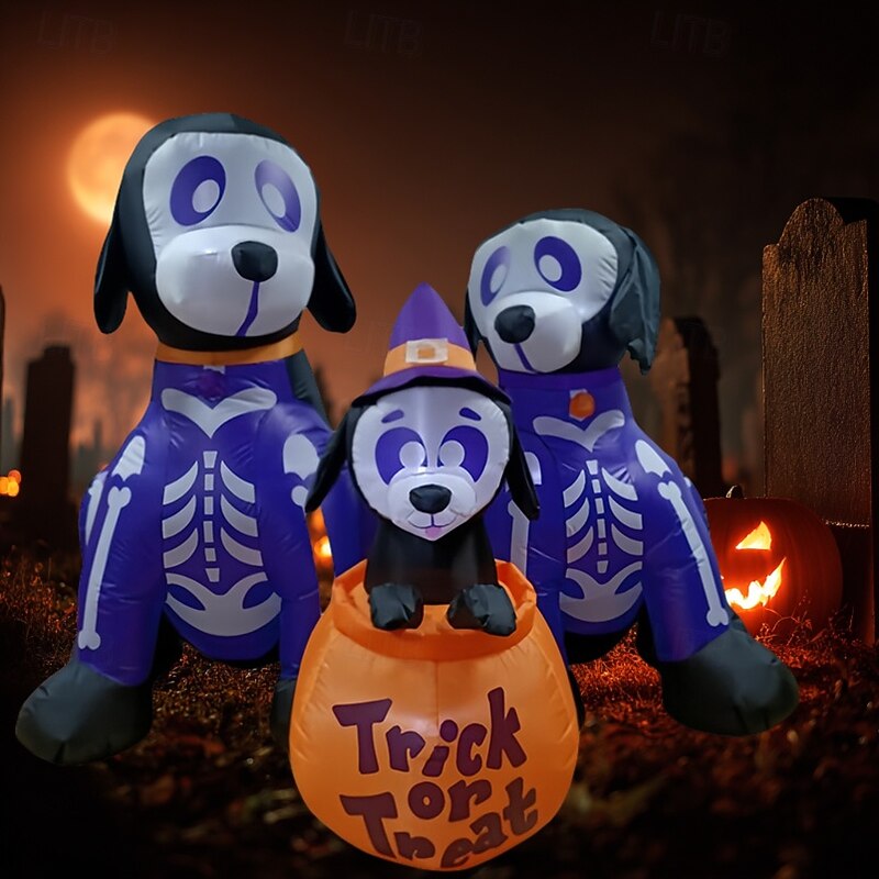 1 Pc 1.8M/6FT Halloween Three Skeleton Puppies LED Light Emitting Pumpkin Bucket Inflatable Air Model Indoor and Outdoor Courtyard Lawn Garden Party Festival Atmosphere Decorative US/EU/UK/AU Plug