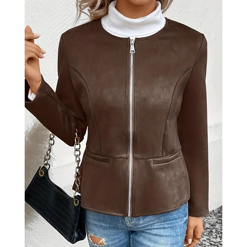 Women's Faux Leather Jacket Casual Jacket Warm Comfortable Zipper Pocket Fashion Plain Outdoor Street Going out Casual Daily Zipper Regular Crewneck Regular Fit Long Sleeve Outerwear Black Blue Dark