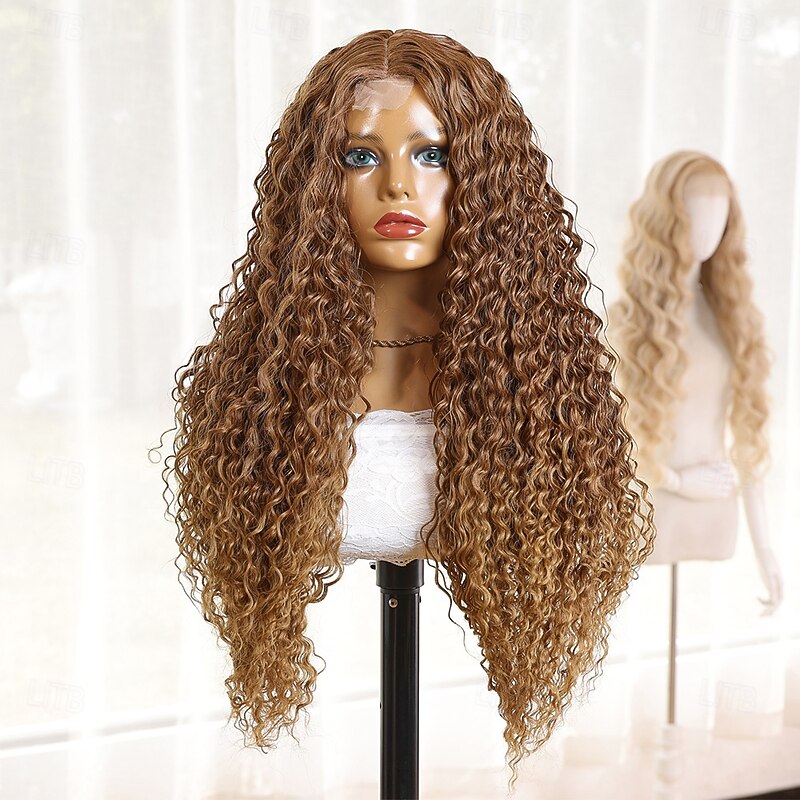 Synthetic Lace Wig Deep Curly Style 28 inch Light Brown Middle Part U Part Wig Women's Wig Light Brown2