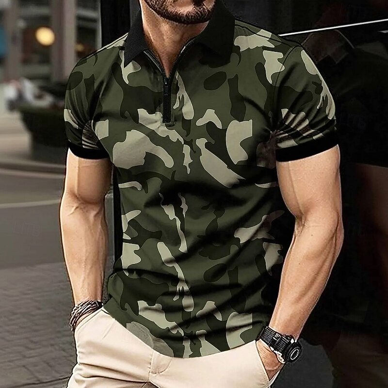 Men's Camouflage Zip Polo Short Sleeve Turndown Casual / Sporty Sports & Outdoor Athleisure Casual Daily Zip Up 3D Print Summer Dark red Robin's Egg Blue Military Green