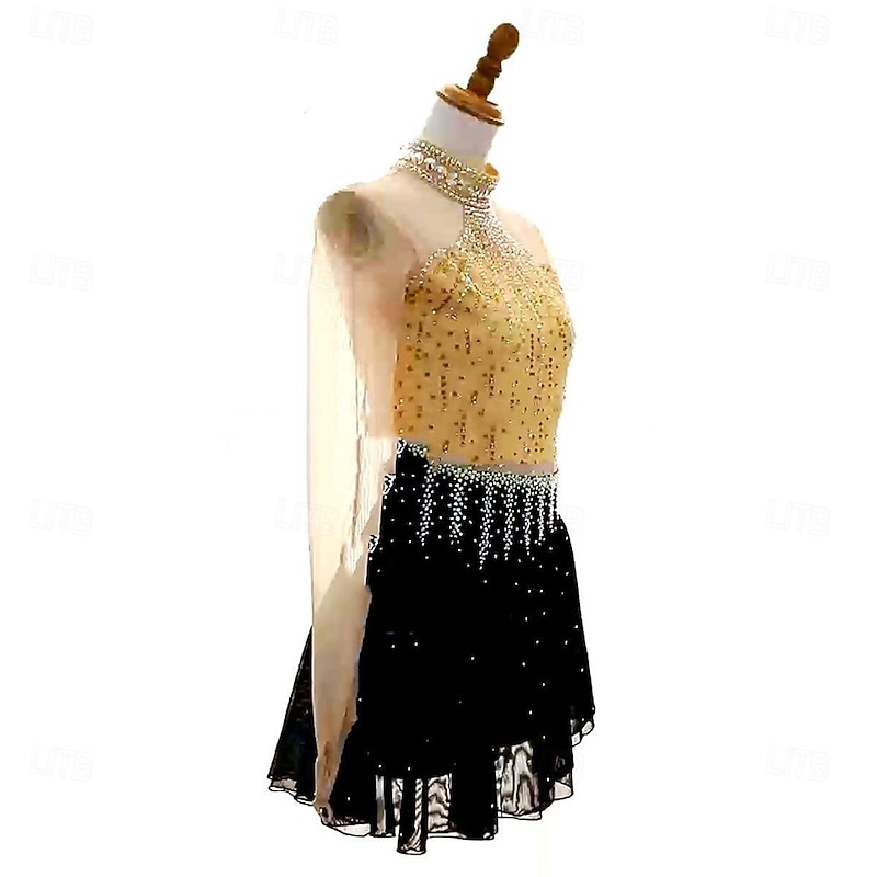 Figure Skating Dress Women's Girls' Ice Skating Dress Black Golden Open Back Asymmetric Hem Mesh High Elasticity Training Competition Skating Wear Classic Crystal / Rhinestone Long Sleeve Ice Skating Figure3