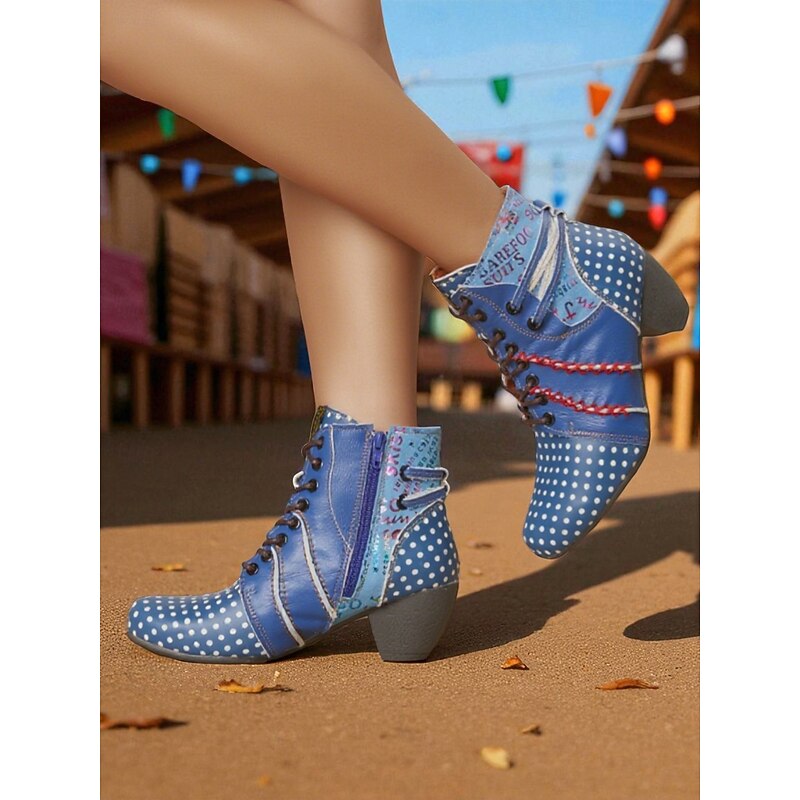 Women's 1950s Retro Polka Dot Ankle Boots – Blue Lace-Up Patchwork Leather Booties with Low Heels, Colorful Stitching, and Vintage Style for Casual Outfits, Festivals and Artistic Fashion Looks3