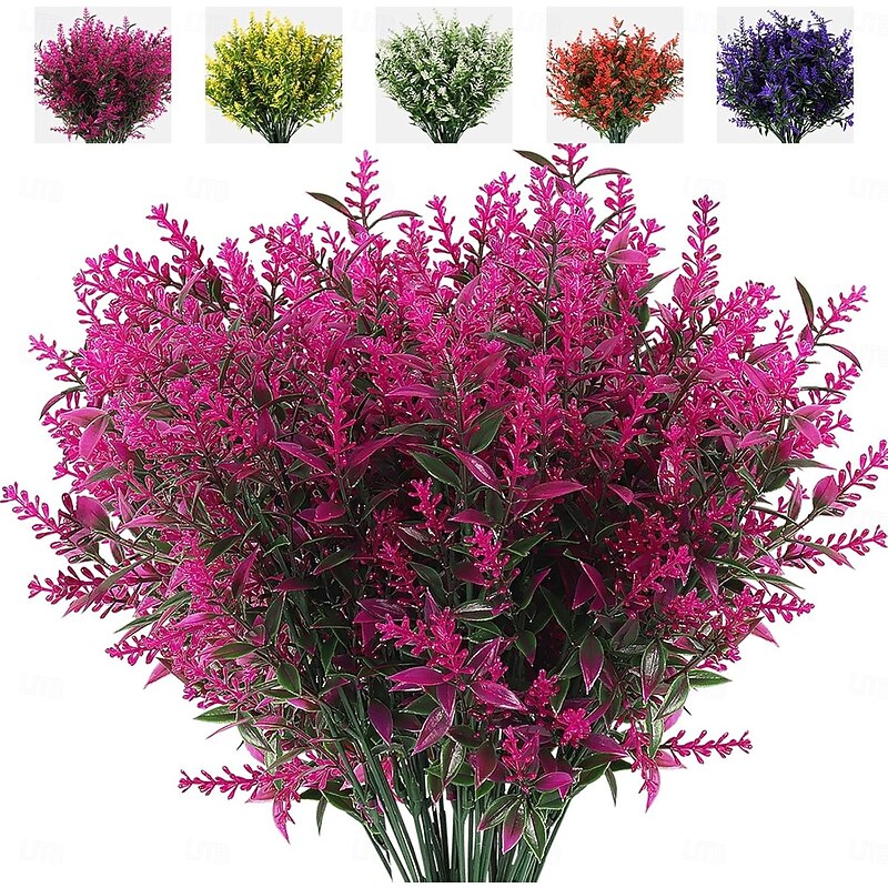 8 Bundles Artificial Flowers, Faux Outdoor Plants Lavender, Plastic Shrubs and Fake Ferns, Winter Resistant Faux Plants for Indoor & Outdoor Hanging Decorations3