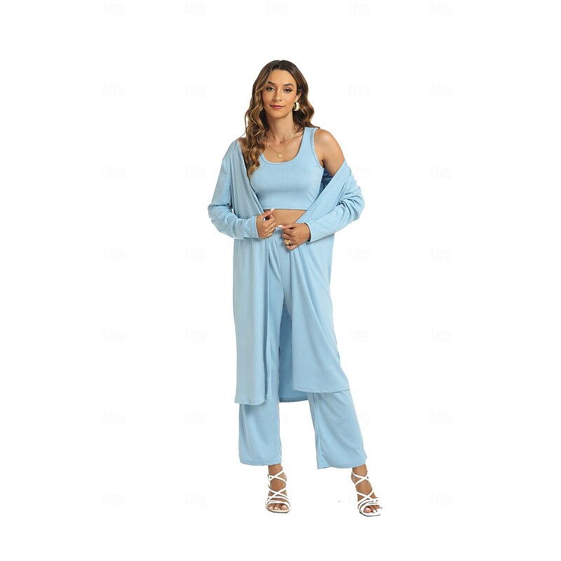 Women's Basic Three Piece Sets Long Sleeve Round Neck Plain Casual Daily Light Blue Caramel color Black Spring Loose Fit3