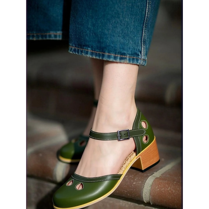 Women's Vintage Green Mary Jane Faux Leather Heels with Cutout Design and Adjustable Strap – Comfortable Retro Block Heel Shoes for Casual and Formal Occasions2