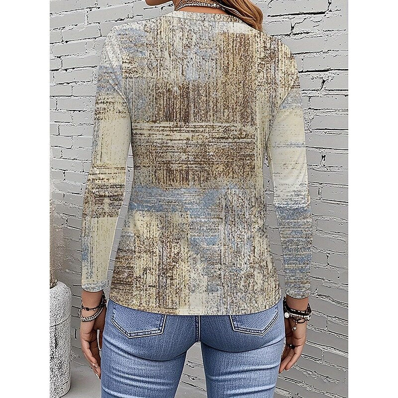 Women's T Shirt Graphic Geometric Color Block Vintage Stylish Classic Long Sleeve Crew Neck Round Neck Regular Tops Daily Print Khaki Spring Fall Winter3