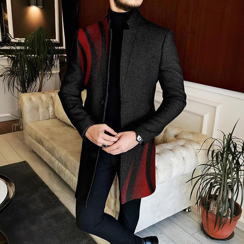 Men Ombre Geometric Line Overcoat Coat Casual Business Casual Daily 3D Print Buttons Front Pocket Spring Fall Winter Notch Long Sleeve Black Red