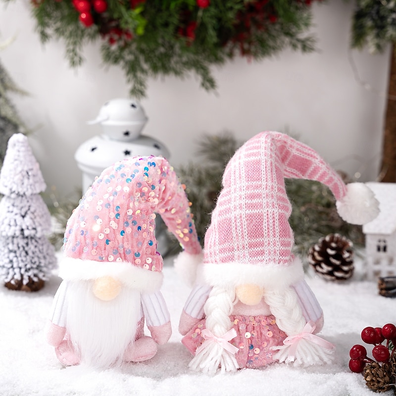 2Pcs Pink Christmas Gnome Plush Decorations, Sequin Standing Santa Claus Snowman Reindeer Dolls, Holiday Tabletop Ornaments