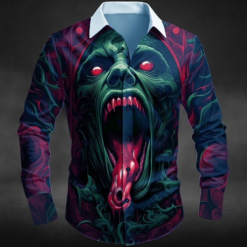 Halloween Men's Halloween Costumes Monster Shirt Button Up Shirt Long Sleeve Dark Punk Gothic Style Outdoor Holiday Summer Spring Turndown 3D Print Collared Shirts Red Blue Green4