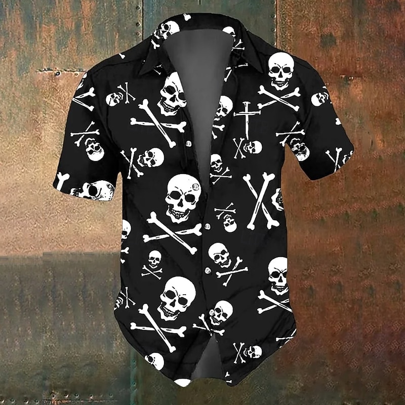 Halloween Men's Skull Skeleton Halloween Costumes Shirt Button Up Shirt Short Sleeve Dark Gothic Style Holiday Summer Spring Turndown 3D Print Collared Shirts Black Dark Blue
