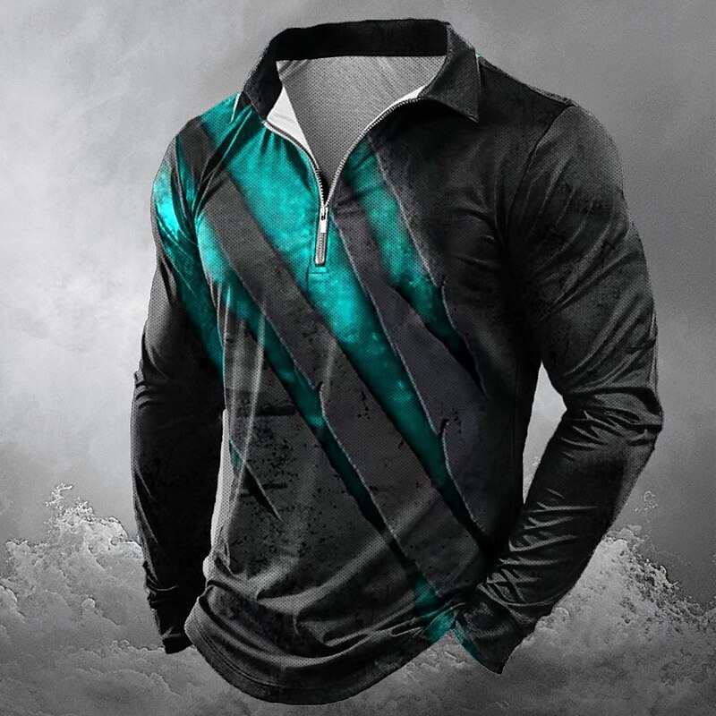 Halloween Men's Graphic Gothic Horror Zip Polo Shirts Long Sleeve Polo Shirts Lapel Casual Horror Dark Outdoor Festival Outfit 3D Print Spring Fall Winter Lake blue Red Blue2