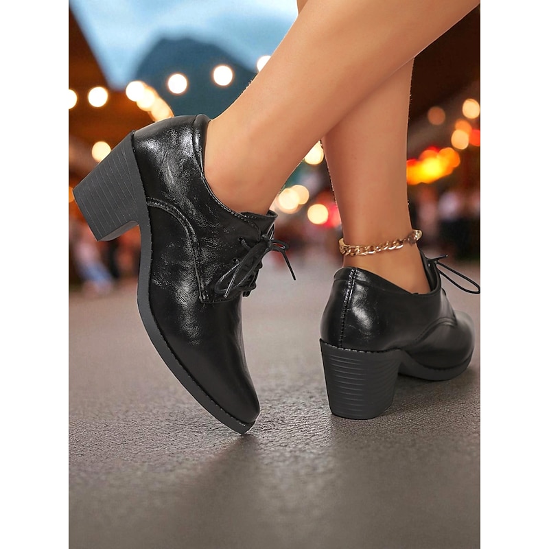 Women's Black Leather Lace - Up Block Heel Oxfords – Classic Vintage Style Shoes for Oktoberfest, Casual Outings and Daily Wear3