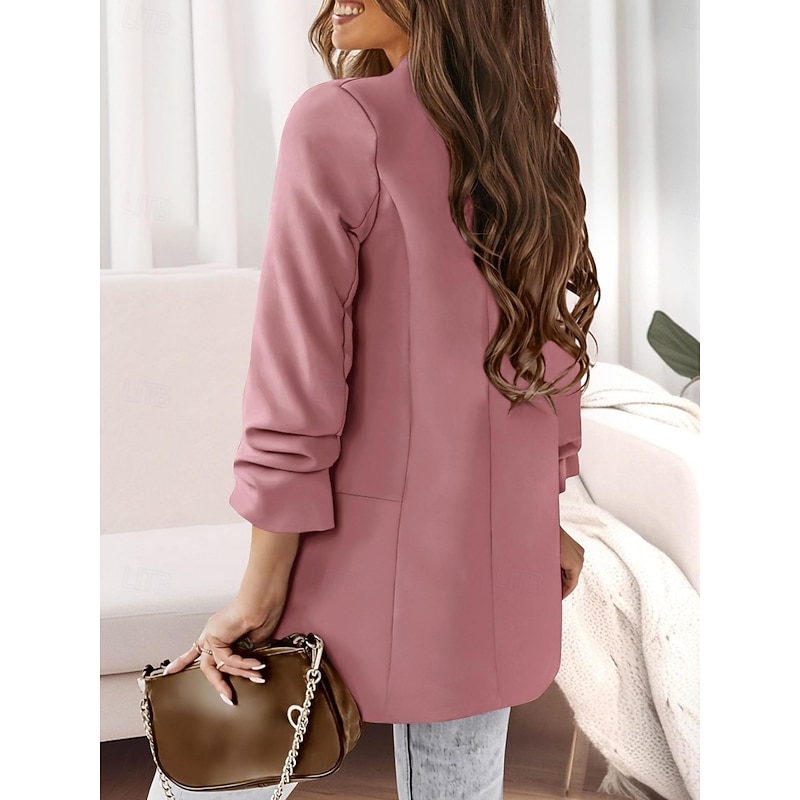Women's Blazer Comfortable Breathable Pocket Casual Plain Office Street Casual Daily Wear Open Front Regular Turndown Regular Fit Long Sleeve Outerwear Pink Fuchsia Khaki Spring Fall2