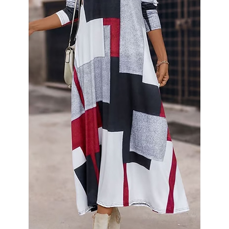 Women's Maxi Dress A Line Dress Summer Dress Vacation Casual Regular Fit Graphic Geometric Abstract Long Sleeve Crew Neck Red Spring Fall Winter3